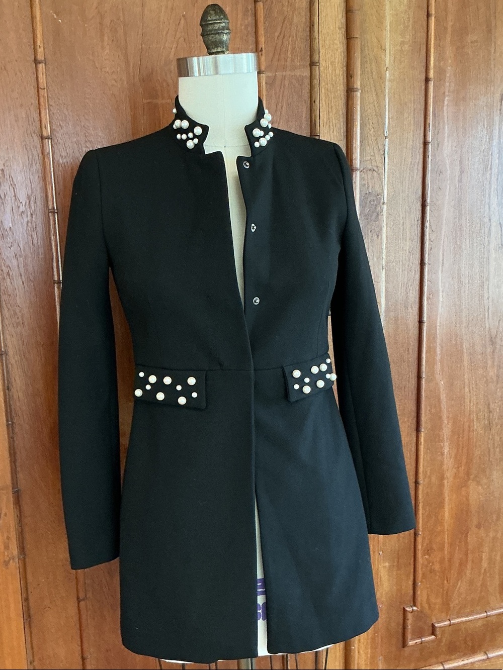 Zara Black Princess Cut Tailored Long Jacket with Pearl Trim